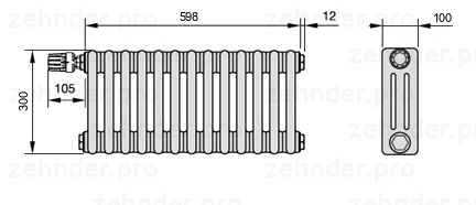 Схема (чертеж) Радиатор Zehnder Charleston 3030/13 №V012 Белый глянцевый RAL 9016